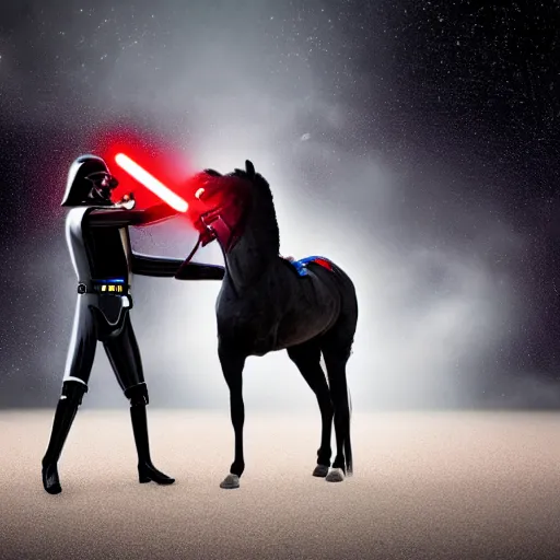 Prompt: a horse boxing darth vader, hyperrealistic, 8 k