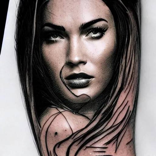 Image similar to double - exposure tattoo sketch of megan fox shaped in beautiful mountains, in the style of dan mountford