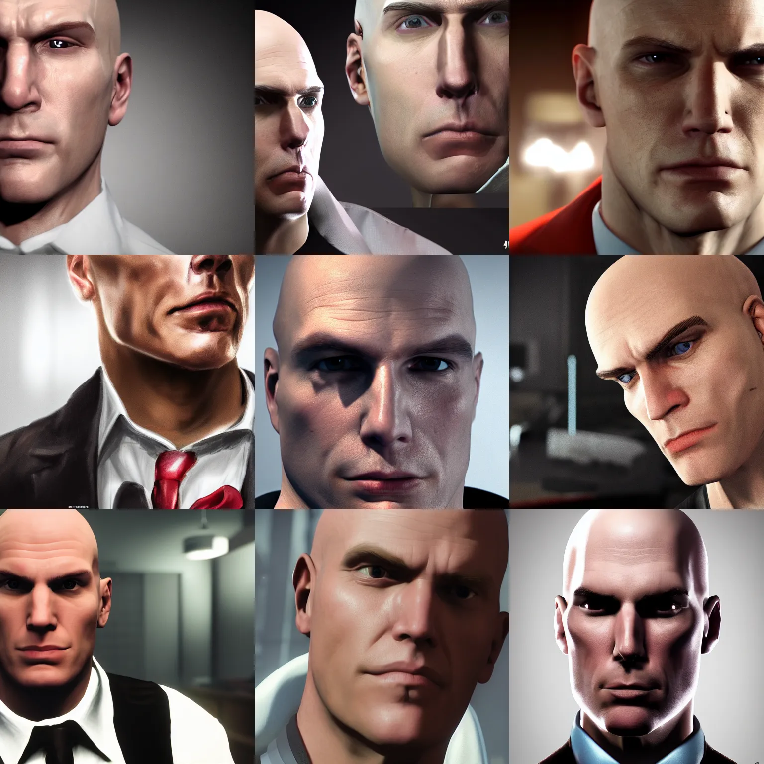 Prompt: close up portrait of a bald jerma985 in hitman, gaming, detailed, 4k