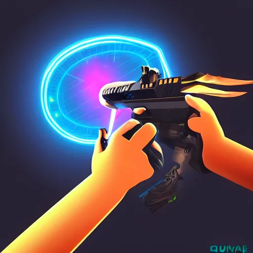 Image similar to “ hand in glove holding laser gun from the side, cinematic, digital art, fortnite style, award winning ”