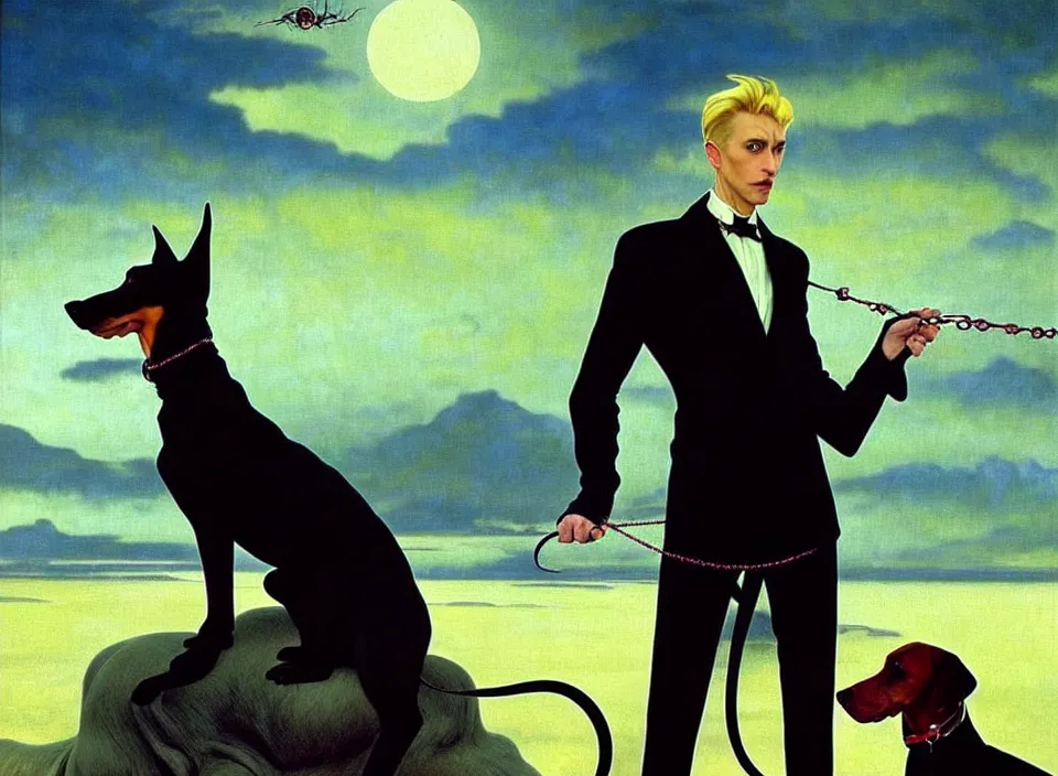 Image similar to realistic detailed portrait movie shot of an elegant blond male vampire with a doberman on a leash, sci fi landscape background by denis villeneuve, amano, yves tanguy, alphonse mucha, max ernst, caravaggio, roger dean, masterpiece, rich cold moody colours, dog teeth, blue eyes