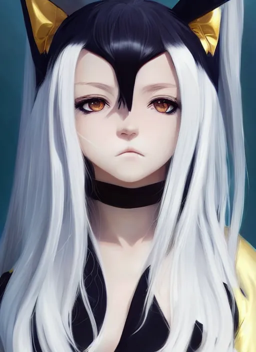 Prompt: a frontal portrait of a very beautiful anime girl pope!!!!!! with cat ears, white hair, gold skin, digital painting, art by wlop artgerm ilya kuvshinov, sharp focus, highly detailed