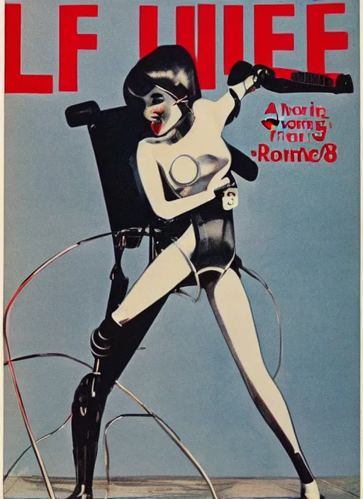 Prompt: a 1965 LIFE magazine cover, featuring a woman fighting a robot