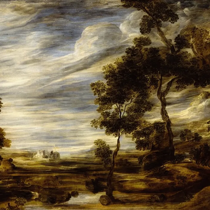 Image similar to a building in a serene landscape, by rubens