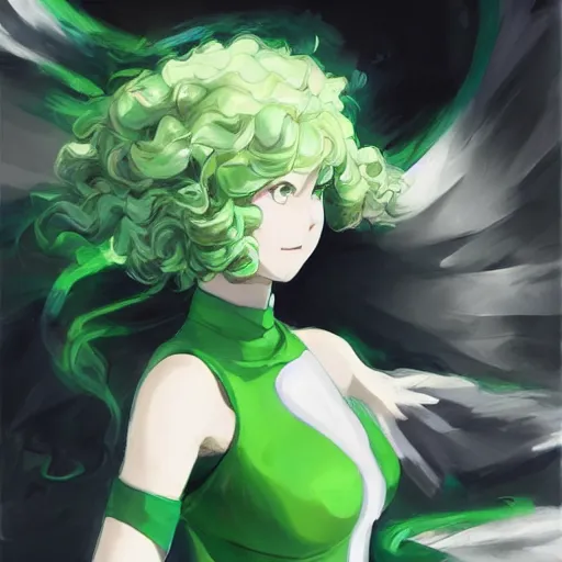 Image similar to tatsumaki from one punch man, green wavy hair, black dress, fine details, sharp focus, intricate, by cushart krenz, by makoto shinkai, by wlop, by artgerm