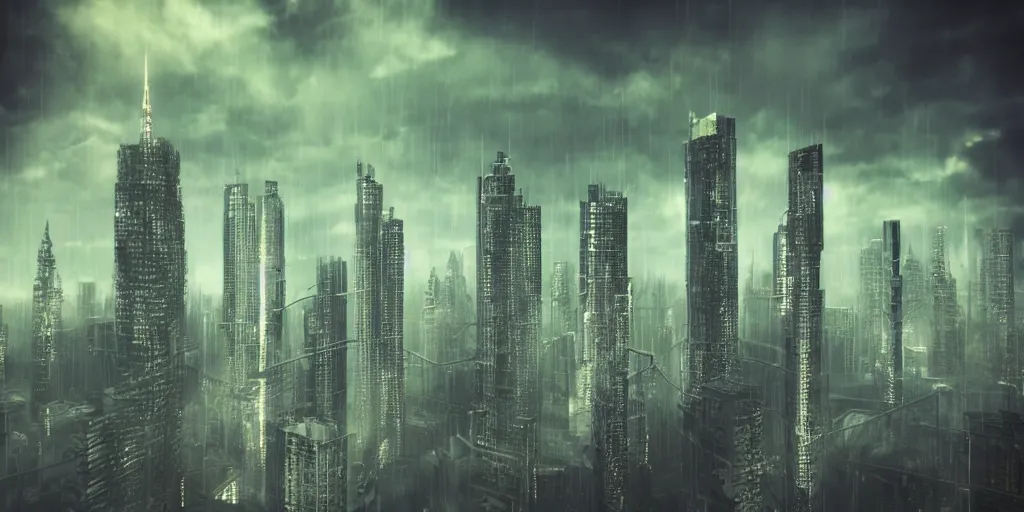 Prompt: analog photo of high skyscrapers, bladerunner style, high detailed clouds in background, rain, unreal engine
