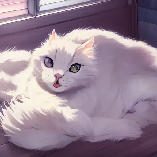 Image similar to a white ragdoll cat lies on the bed in the bedroom, warm atmosphere, anime key visual, digital art, anime screenshot, kyoto animation, makoto shinkai, trending on pixiv,