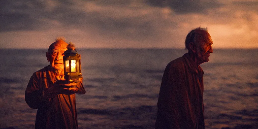 Image similar to film still of closeup old man holding up lantern by his beach hut at night. pirate ship in the ocean by emmanuel lubezki