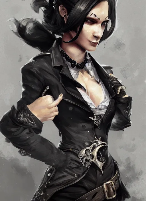 Image similar to a highly detailed illustration of beautiful short black messy haired woman wearing pirate eyepatch and noir style suit and tie, dramatic smiling pose, intricate, elegant, highly detailed, centered, digital painting, artstation, concept art, smooth, sharp focus, league of legends concept art, WLOP