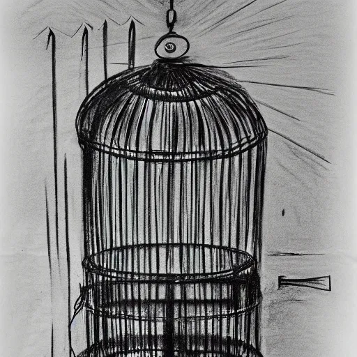 Prompt: a rough charcoal sketch of a bird inside a cage, black and white, 3 5 mm, long exposure