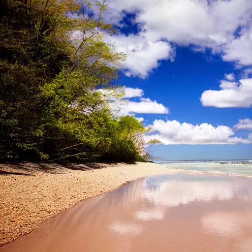 Prompt: photo of a sandy beach along a small clear river, blue sky with some clouds, beautiful lighting, wide lens shot, 30mm, bright colors, award winning photography, national geographic