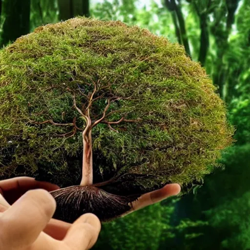 Image similar to A handpalm with a tree growing on top of it