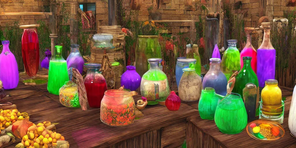 Prompt: colorful potions at the harvest festival, hyper realistic, 8 k, insane details,