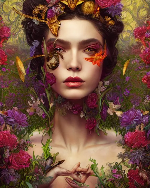 Image similar to portrait of the mexican queen of the underworld, surrounded by flowers by karol bak, james jean, tom bagshaw, rococo, sharp focus, trending on artstation, cinematic lighting, hyper realism, octane render, 8 k, hyper detailed.