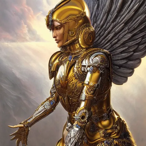 Image similar to a beautiful angel with a golden helmet wearing a silver armor with golden ornaments and diamonds jewelry, wings by alex gray and android jones, karol bak, ayami kojima, amano, concept art, character design, fantasy, 3 d, 8 k resolution