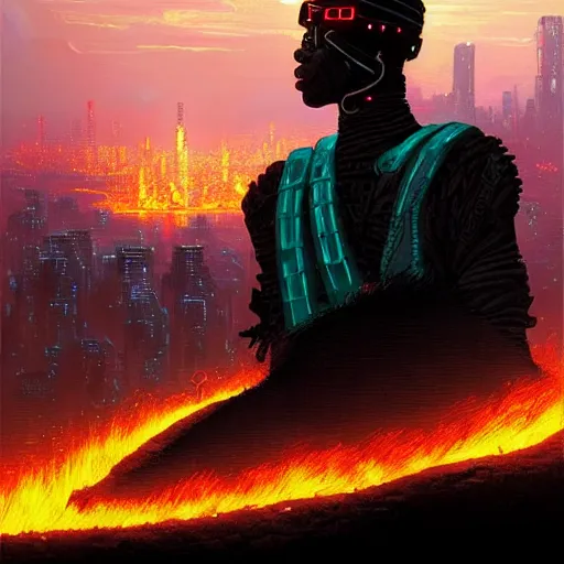 Image similar to a cyberpunk zulu warrior sitting on a cliff watching an enormous city burn!!! from a distance at night, fire!!, by alena aenami and android jones and greg rutkowski, Trending on artstation, hyperrealism, elegant, stylized, highly detailed digital art, 8k resolution, hd, global illumination, radiant light, detailed and intricate cyberpunk ghetto environment, rendered in octane, post processed, wide angle, dynamic portrait