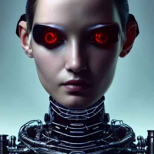 Image similar to Perfectly-Centered Half-body-Portrait of a Mechanical Cyberpunk Female Android, intricate, elegant, super highly detailed, professional digital painting, artstation, concept art, smooth, sharp focus, no blur, no dof, extreme illustration, Unreal Engine 5, Photorealism, HD quality, 8k resolution, cinema 4d, 3D, beautiful, cinematic, art by artgerm and greg rutkowski and alphonse mucha and loish and WLOP