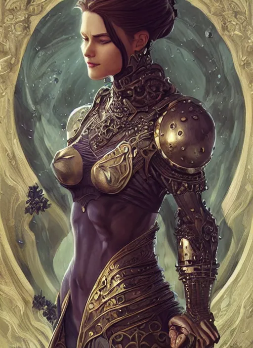 Image similar to Muscular and powerful medieval knight woman portrait, art nouveau, fantasy, intricate flower designs, elegant, highly detailed, sharp focus, art by Artgerm and Greg Rutkowski