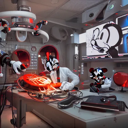 Image similar to a cybertronic mickey mouse being dissected by a group of network executives, on an operating table, octane render, cgstation, 3 d render, very detailed, mindblowing, blood and guts, gritty, cyberpunk