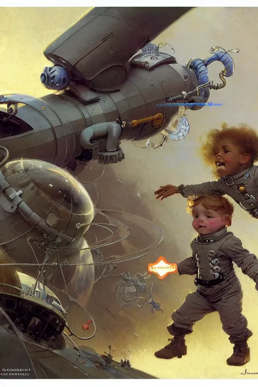 Image similar to childrens book layout ( ( ( ( ( 2 0 5 0 s retro future 1 0 year boy old super scientest in space pirate mechanics costume. muted colors. ) ) ) ) ) by jean - baptiste monge, tom lovell!!!!!!!!!!!!!!!