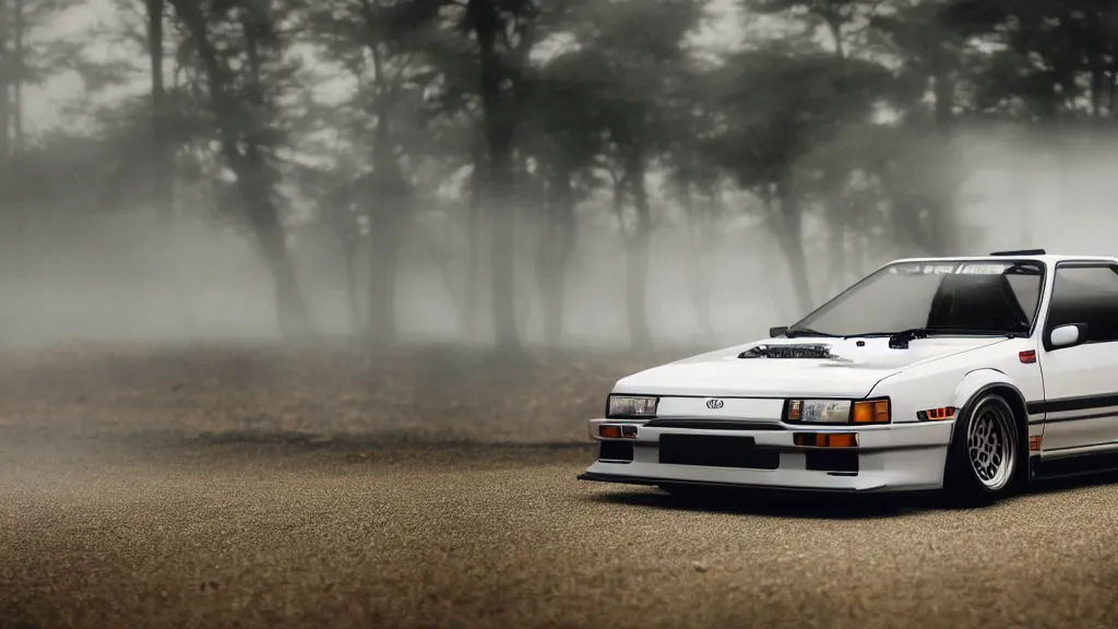 Image similar to realistic takumi fujiwara's toyota ae 8 6 from initial d, cinematic, nikon d 7 5 0, long exposure, white balance, 8 k, led, lumen global illumination, fog, ray tracing reflections, fxaa, rtx, post - production