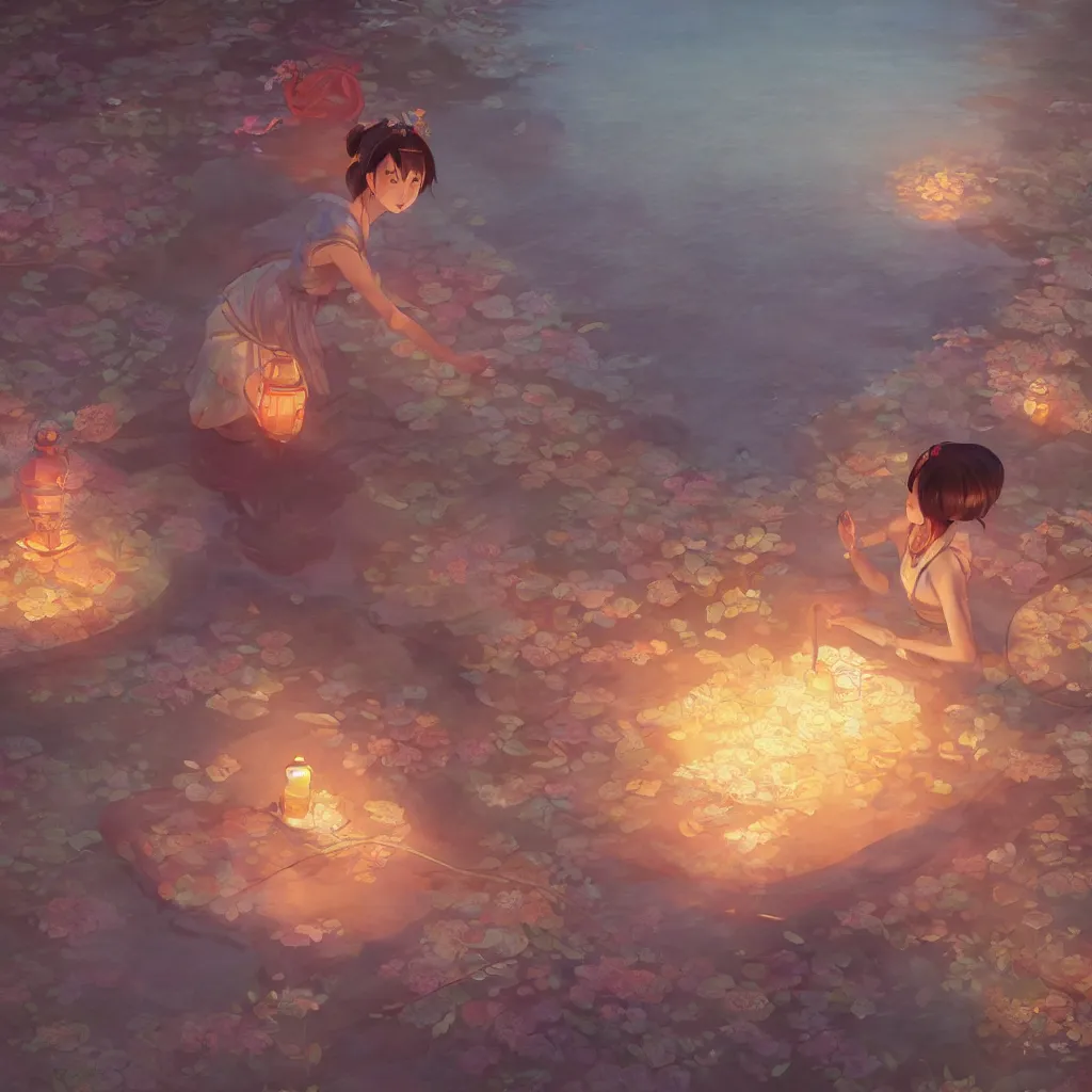 Prompt: grand festival, a beautiful girl is putting on a river lantern, chinese watercolor style, trending on artstation, global illumination, radiant light, night lighting, fantasy art by makoto shinkai, lois van baarle, ilya kuvshinov, rossdraws and tom bagshaw, detailed and intricate environment, 8 k