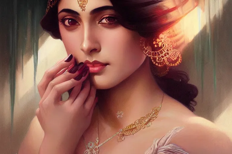 Image similar to sensual pale beautiful bengali girl, art deco portrait, elegant, intricate, digital painting, artstation, concept art, smooth, sharp focus, illustration, art by artgerm and greg rutkowski and alphonse mucha