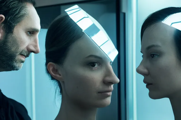 Image similar to movie closeup polar opposites, couple, researchers in a futuristic lab building inter dimensional portal machine, beautiful skin, Symmetrical faces. Beautiful lighting by Emmanuel Lubezki