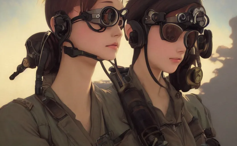Image similar to a flying girl, fused aircraft parts, anime style, military pilot clothing, goggles, short hair, hair down, symmetrical facial features, from arknights, hyper realistic, 4 k, rule of thirds, extreme detail, detailed drawing, trending artstation, realistic lighting, by alphonse mucha, greg rutkowski, shoulder eyes, backlit