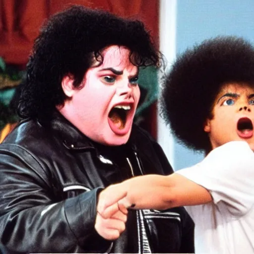 Image similar to mad michael jackson yelling at sad chris farley for messing up his bob ross painting