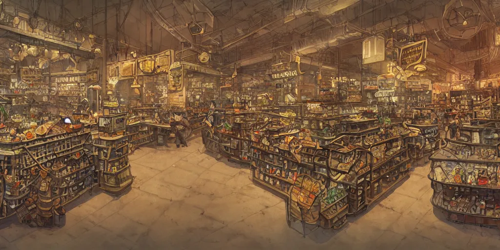 Image similar to Steampunk grocery store overview mapa design, Moebius, Greg Rutkowski, Zabrocki, Karlkka, Jayison Devadas, Phuoc Quan, trending on Artstation, 8K, ultra wide angle, pincushion lens effect