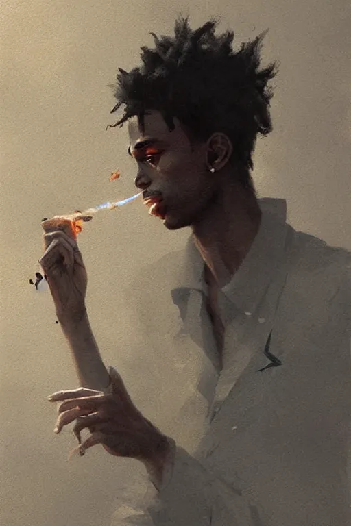 Prompt: Playboi Carti smoking a blunt, atmospheric, illustrated by Greg Rutkowski , Trending on artstation,