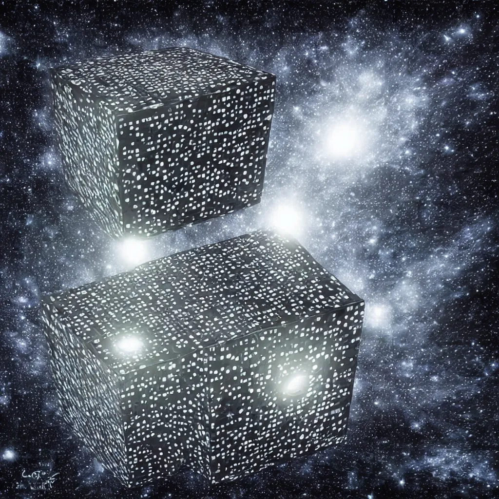 Image similar to borg cube on a black star dotted background, art by mark cooper, 8 k, hyper detailed, hdr, intricate, masterpiece