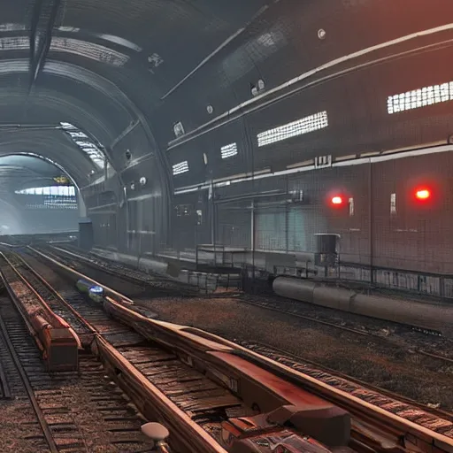 Image similar to photo of Immense industrial futuristic cargo train arrives at cyber punk city station, cinematic lighting,