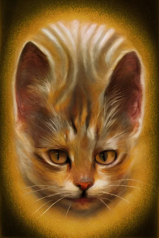 Image similar to Recursive image with a well rounded Calico feline, large eyes, shiny soft fur, anatomically correct, surrounded by matte mirroring swirling wisps of jelly blobs, oil pastels and gold, in the style of albert lynch, modeled in Poser, Redshift render, UHD