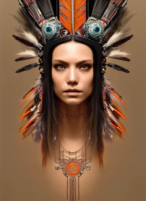 Prompt: portrait of a cyberpunk machine, machine face, upper half portrait, decorated with feathers, native american, fine china, traditional chinese art, intricate, elegant, highly detailed, headpiece, digital painting, artstation, concept art, smooth, sharp focus, illustration, art by artgerm and greg rutkowski and alphonse mucha, 8 k