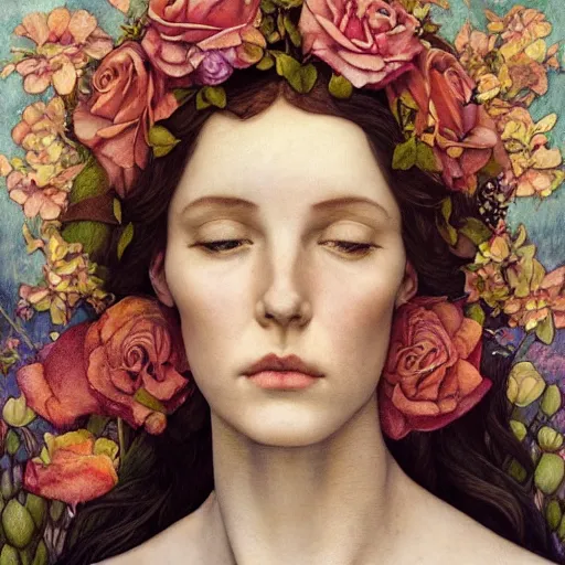 Image similar to flower queen, by annie swynnerton and tino rodriguez and charlie bowater and tom bagshaw and nicholas roerich and jean delville and evelyn de morgan and lucien freud, dramatic lighting, floral tattoos, rich colors, smooth sharp focus, extremely detailed, adolf wolfli