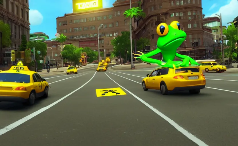 Image similar to ps 4 game about a cute frog driving a taxi, frog driving a taxi unreal 4 screenshot,