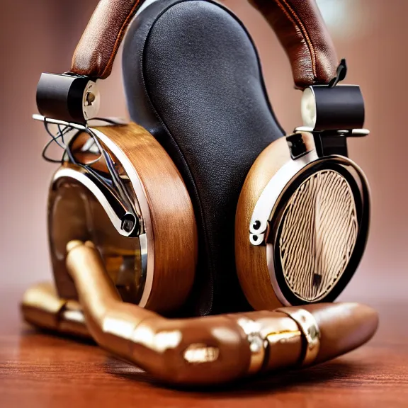 Prompt: masterpiece photo of beautiful hand crafted artistic detailed transparent headphones, bismuth metal, electronics see through, plush leather pads, displayed on mahogany desk, modernist headphones, bismuth beautiful well designed, hyperrealistic, audiophile, intricate hyper detail, extreme high quality, photographic, audeze, sennheiser, raal, bang olufsen, abyssal