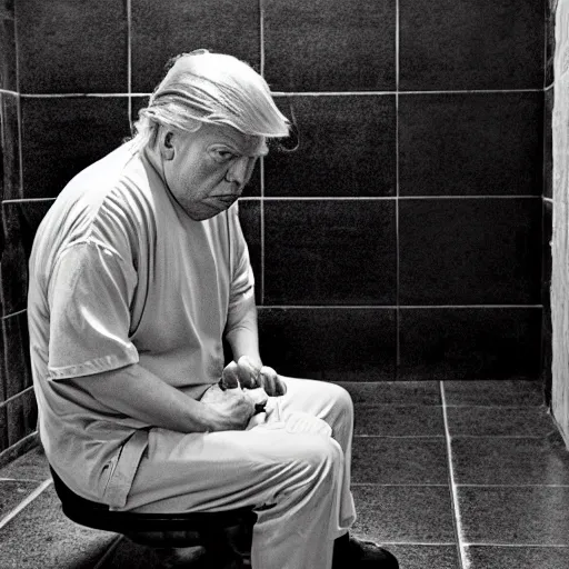 Prompt: a disheveled Trump crying profusely in prison clothing sitting on a toilet in jail. wide angle. The floor is grimy. candid photograph.