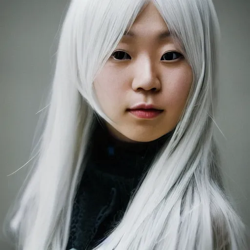 Image similar to Portrait of a japanese young lady with a long white, white hair!!!, white hair!!!, ayaka cosplay, white hair!!!, young with white hair!!!!!, Canon EOS R3, f/1.4, ISO 200, 1/160s, 8K, RAW, unedited, symmetrical balance, in-frame