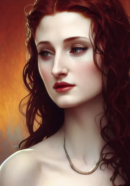 Image similar to sansa angeline jolie gessica chastain vampire teeth, intricate, elegant, highly detailed, digital painting, artstation, concept art, smooth, sharp focus, illustration, art by artgerm and greg rutkowski and alphonse mucha and william - adolphe bouguereau