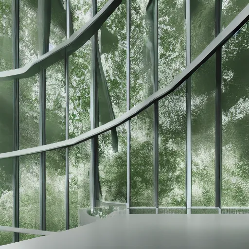 Image similar to Hyper realistic,interior design,organic form,plaster, green,transparency, view of forest,Future design,architecture design,parametric architecture,covers by textile,environment,morning light,Cinematography,mega scans,cinematic,hyper realistic,photo real,cinematic composition,highly detailed,vray,8k render, extremely realistic H 1024