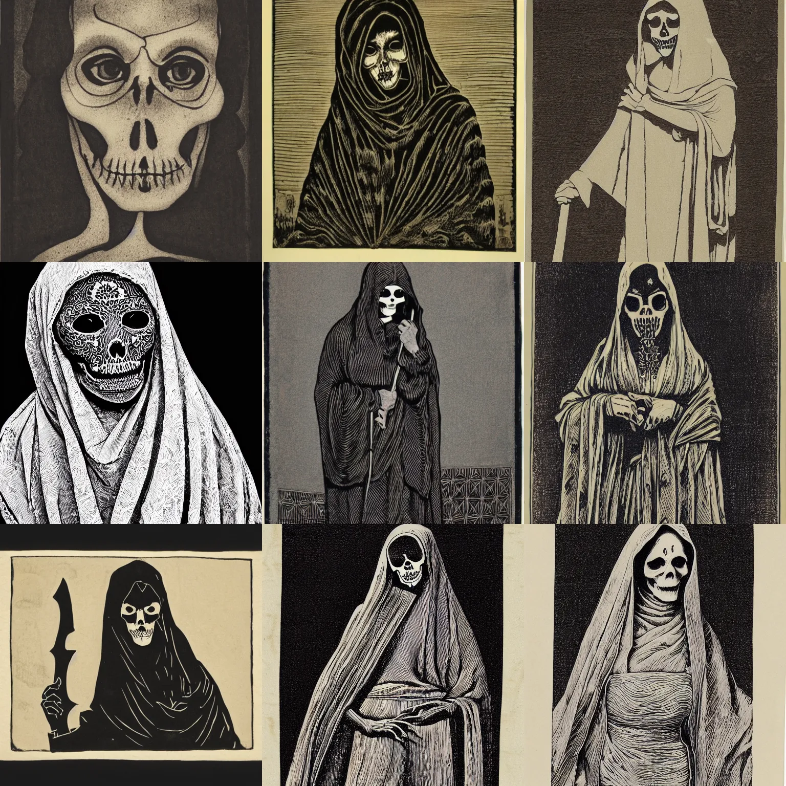 Prompt: grim reaper disguised as a beautuful woman , block print, chiaroscuro, very beautiful, award-winning, intricate detail