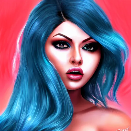 Image similar to portait of haifa wehbe, perfect lips licking tongue, long hair blue centred, hd, very detailed curve, digital painting, unreal engine, final fantasy style, amazing blue background theme