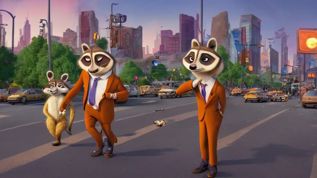 Image similar to An anthropomorphic raccoon businessman is walking down a busy crosswalk at sunset, warm lighting with an orange glow blanketing the cityscape, zootopia, other anthropomorphic characters are walking by him, extremely detailed, HDR, sideview, dramatic, lots of cars and animal people in the background, detailed face and eyes, visible pupils