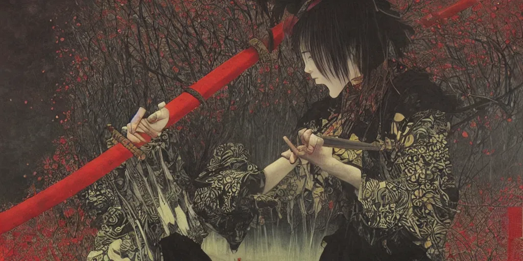 Image similar to Japanese schoolgirl runs away from Samurai with a katana on the subway, high detailed Beksinski painting, part by Adrian Ghenie and Gerhard Richter. art by Takato Yamamoto. deep colours