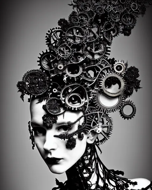 Image similar to surreal dark poetic black and white photo portrait of complex bio-mechanical beautiful young silver female vegetal-cyborg with a Mandelbrot fractal steampunk metal fine lace face, a very long neck and a fine metal floral foliage super big lace collar by Vivienne Westwood:: smoke, high fashion, haute couture, rococo, steampunk, avant-garde, silver filigree details, anatomical, facial muscles, cable wires, microchip, elegant, dreamy, foggy atmosphere, hyper realistic, 150 mm lens, soft rim light, octane render, unreal engine, picture was taken in 1910 by Man Ray, volumetric lighting, dramatic light,8k,