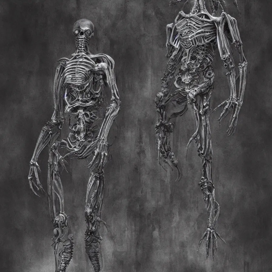Prompt: Matte painting of a biomechanical alien exoskeleton. dark backdrop, 50mm, H.R Giger