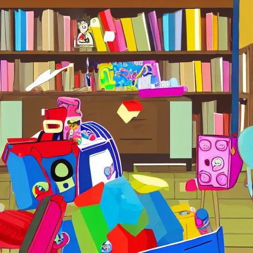 Image similar to a painted cartoonish scene, an open suitcase sits on a table, the open suitcase contains a vast pile of toys, the pile of toys rises all the way to the ceiling, the pile of toys blocks the background, a woman stands next to the table and suitcase, the woman holds more toys